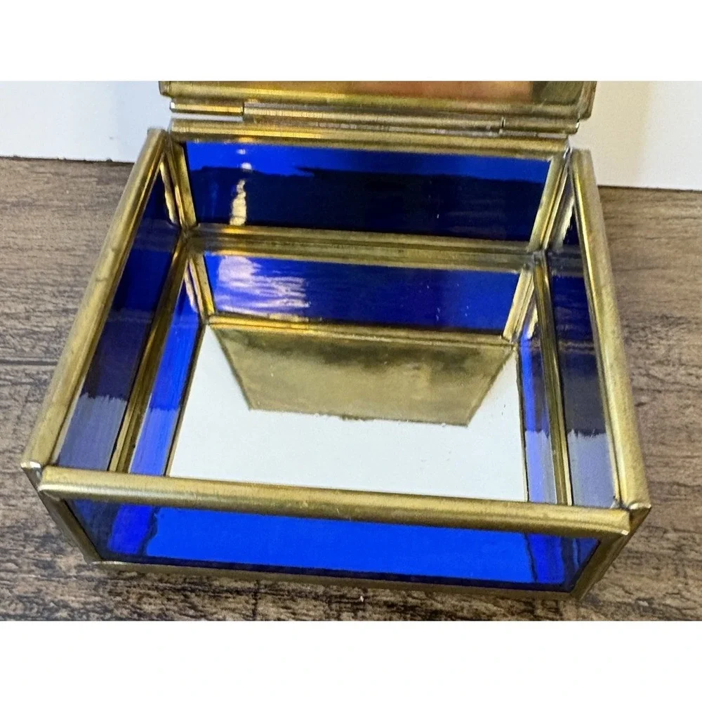 Vintage Iridescent Angel Trinket Jewelry Box Thomas Cathey Metal Glass Blue